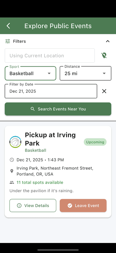 Find Pickup Games Screen
