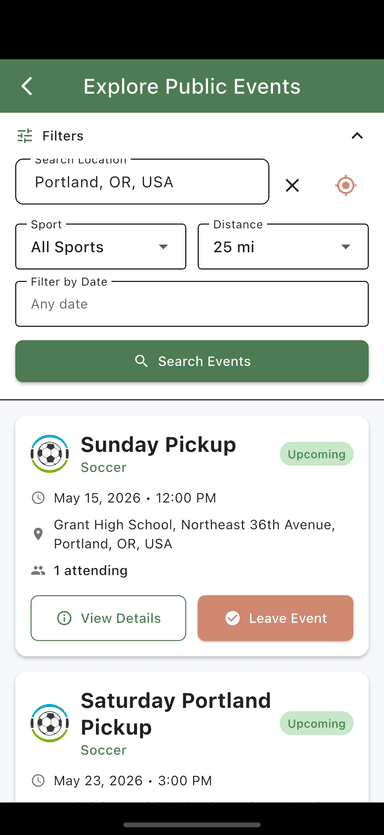 Find Pickup Games Screen